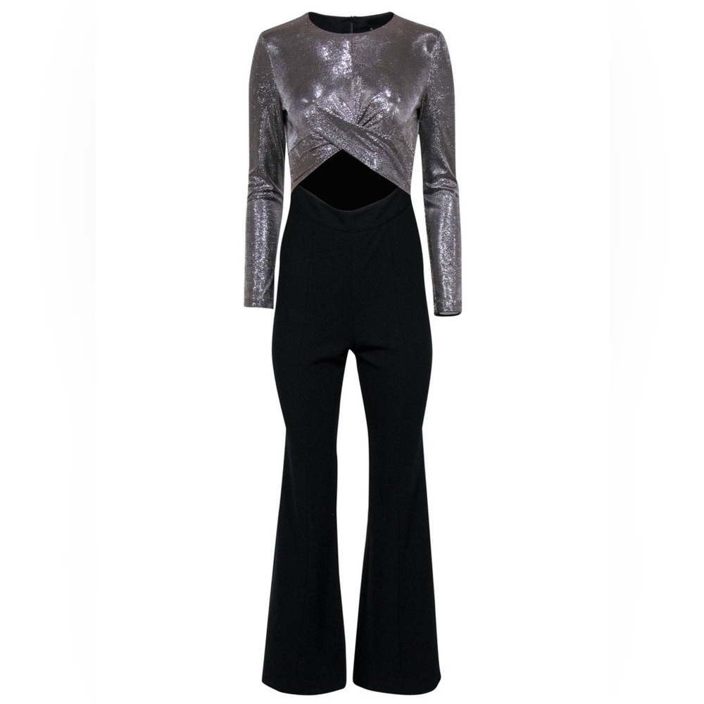 Black Halo Angie Flared Leg Jumpsuit Cutout Metallic Silver Bodice Romper 12 - Picture 15 of 17
